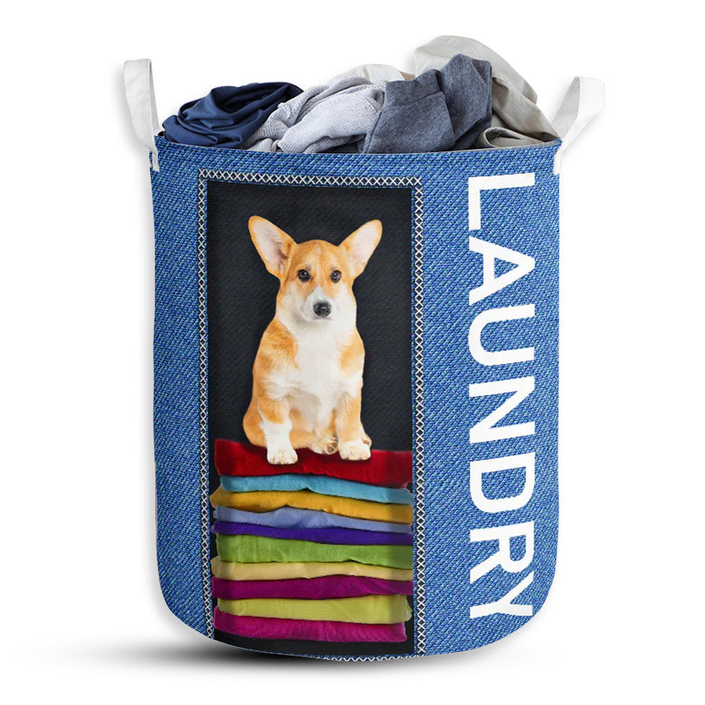Small Size Corgi In Fabric Jean Laundry Basket For Bathroom Bedroom Storage