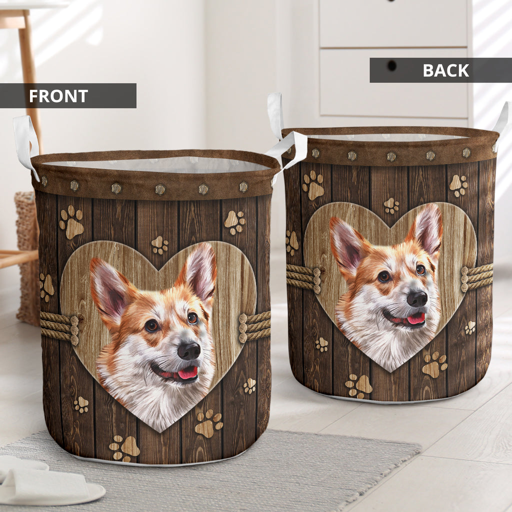 Corgi On Rope Wood Style Laundry Basket For Room Home Organizer