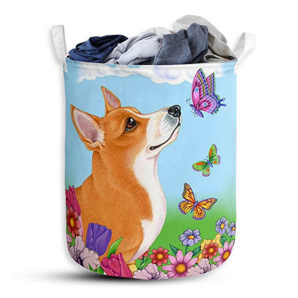 Small Size Corgi Spring Sky Butterfly Laundry Basket For Bathroom Bedroom Storage