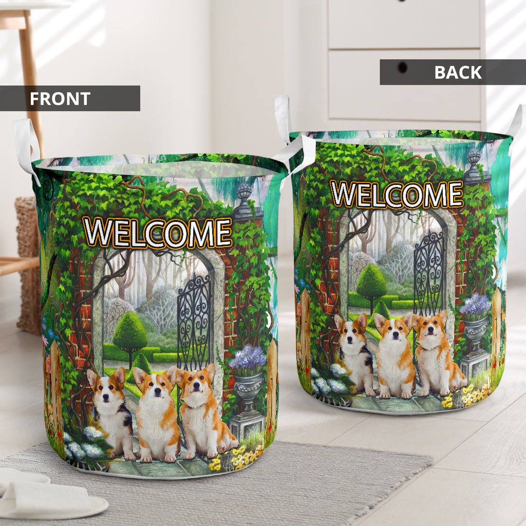 Corgi Welcome Green Garden Laundry Basket For Room Home Organizer