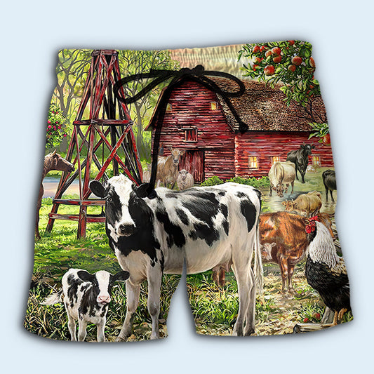 Cow Farm Peace Life Beach Shorts Artwork Detail For Comfortable Everyday Summer Wear