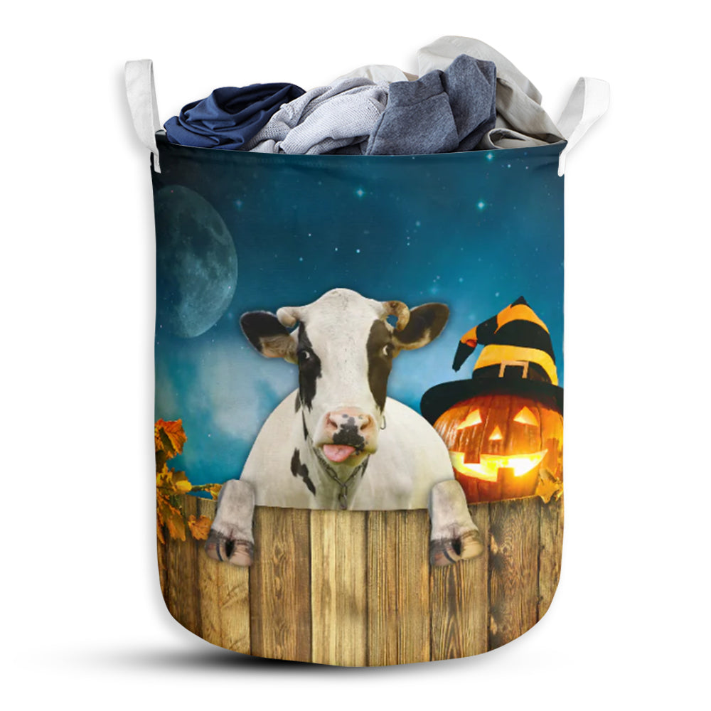 Cow And Pumpkin Halloween Night Laundry Basket For Bathroom Bedroom Storage