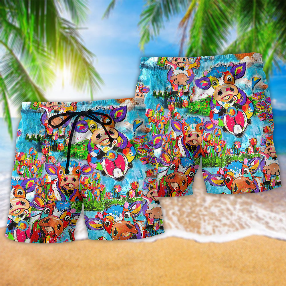 Cow Happy Love Animals Hawaiian Print Beach Shorts For Sunny Getaways And Gifting
