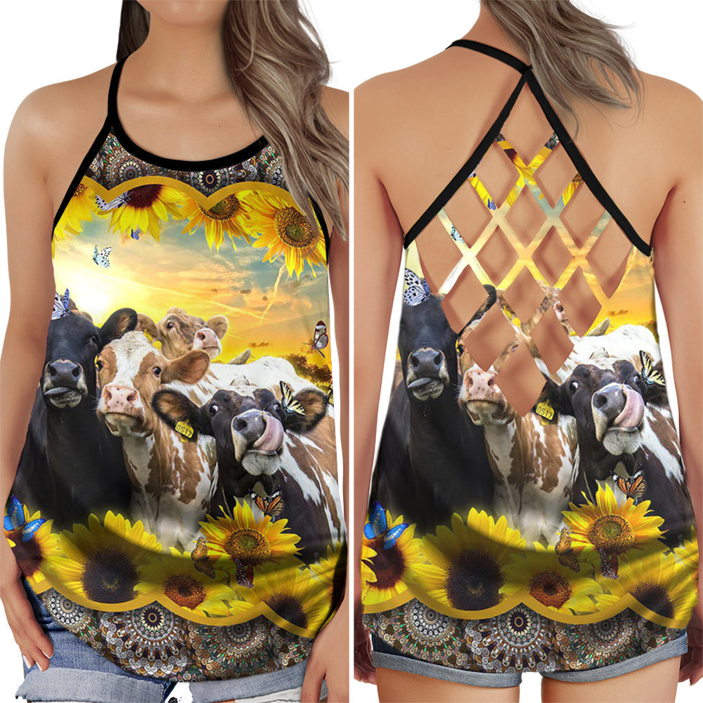 Cow Farm Floral Cute Hollow Tank Top For Yoga Practice And Summer Outings