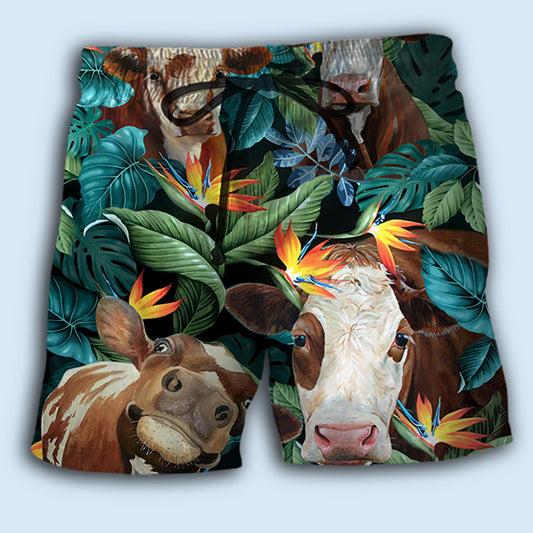 Cow Tropical Leaf Farm Beach Shorts Design Detail For Casual Warm Weather Outfits