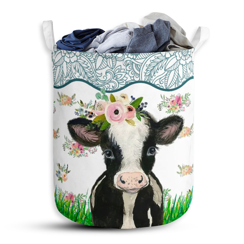 Cow Watercolor Flower Laundry Basket For Bathroom Bedroom Storage