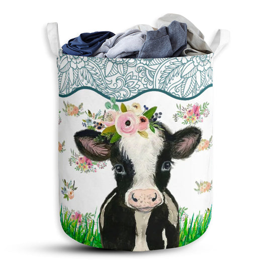 Cow Watercolor Flower Laundry Basket For Bathroom Bedroom Storage