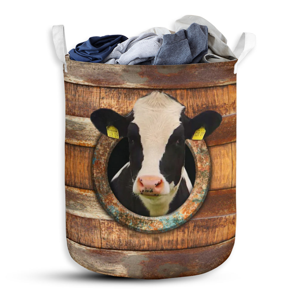 Cow Wood Vintage Laundry Basket For Bathroom Bedroom Storage