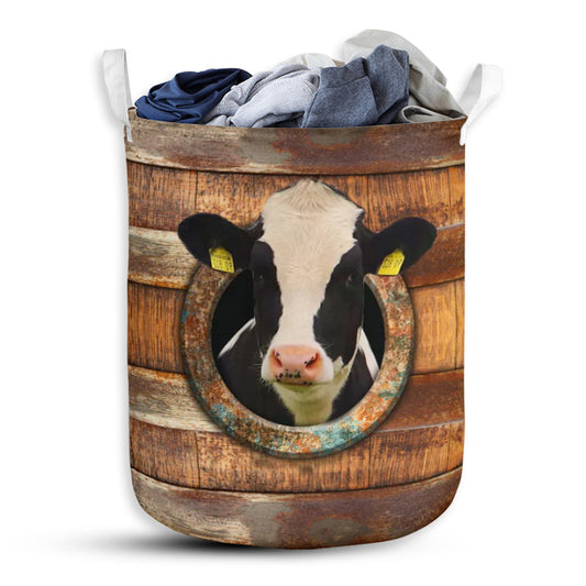 Cow Wood Vintage Laundry Basket For Bathroom Bedroom Storage
