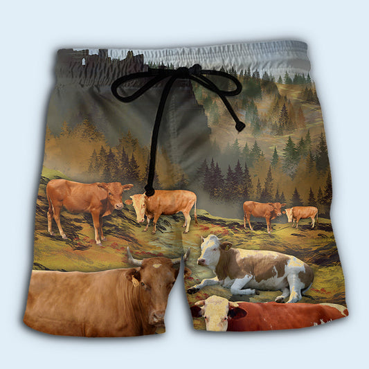 Cow Mountain Farm Love Beach Shorts Pattern View For Resort Days And Outdoor Activities
