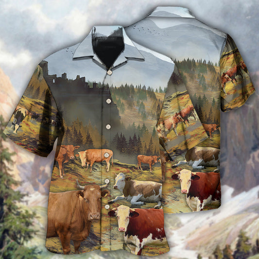Large Cow Mountain Scenic Hawaiian Shirt For Coastal Adventures And Warm Weather Wear