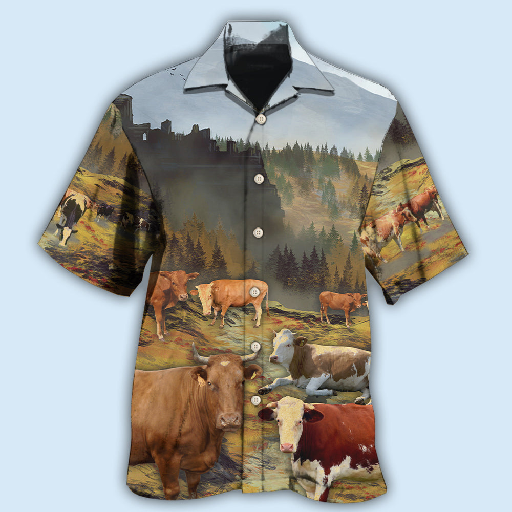 Large Cow Mountain Scenic Hawaiian Shirt Design View For Resort Travel And Thoughtful Gifting