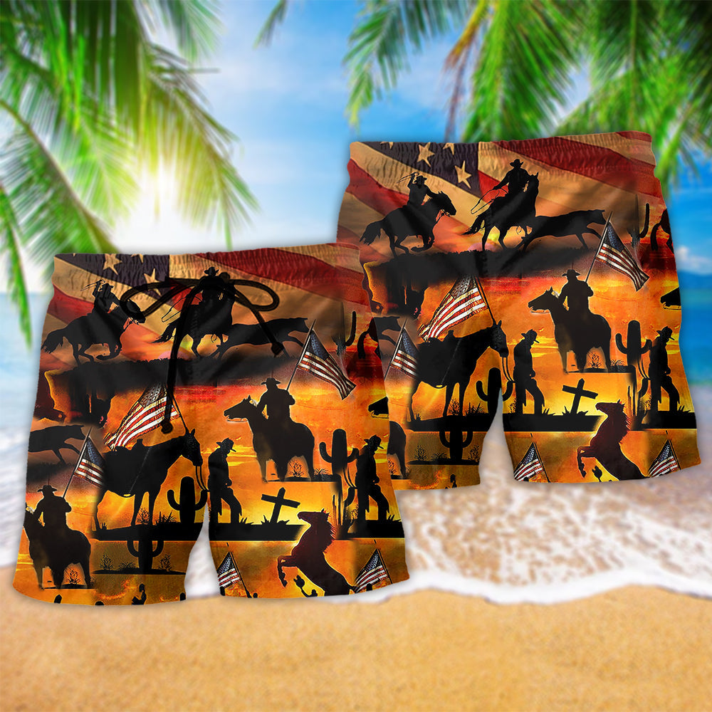 Cowboy American Love Life Sunset Background Beach Shorts For American Pride Beach Days