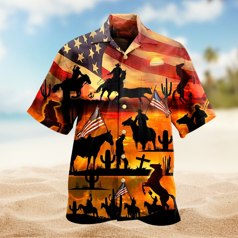 Cowboy American Pride Hawaiian Shirt For Tropical Holiday And Resort Wear