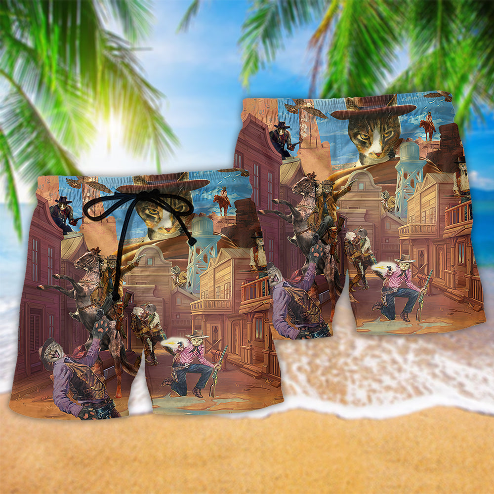 Cowboy Cat Lifestyle Beach Shorts Pattern Detail For Coastal Travel And Thoughtful Gift Giving