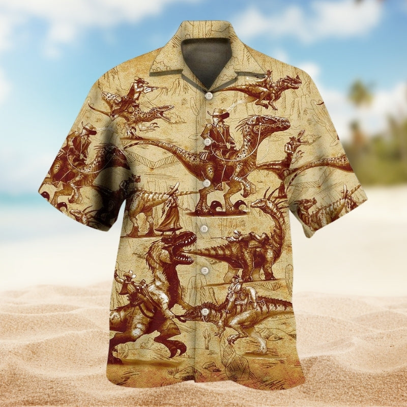 Cowboy Dinosaur Western Fantasy Hawaiian Shirt For Casual Weekend, Resort Holiday, And Daily Summer Wear