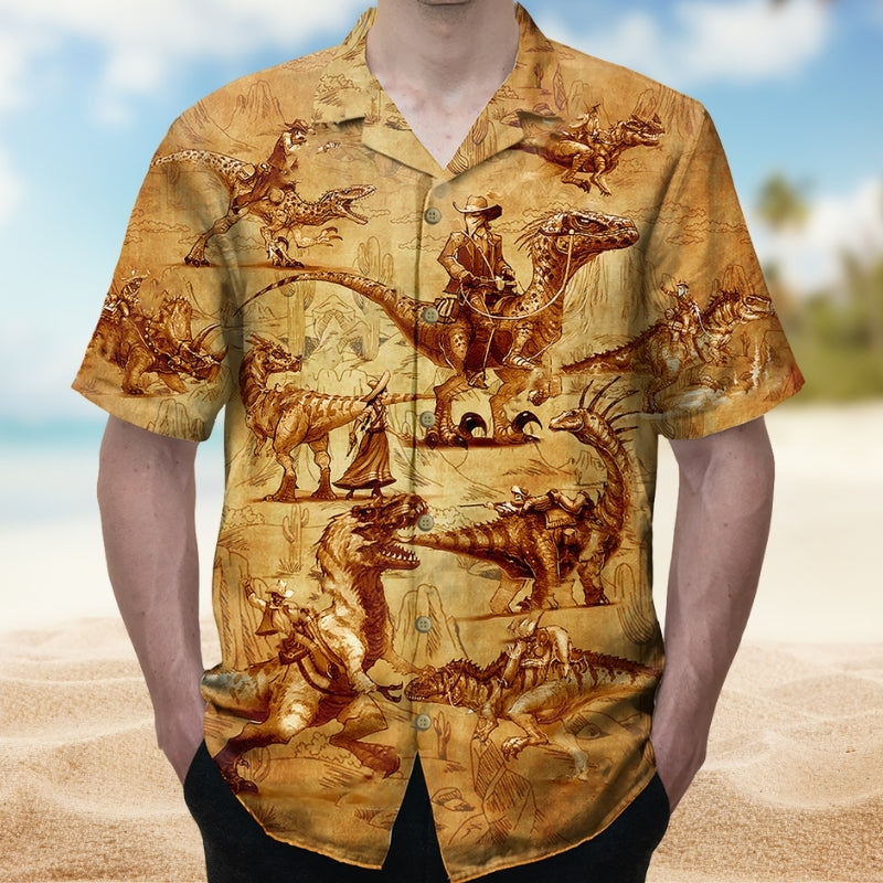Cowboy Dinosaur Western Fantasy Hawaiian Shirt For Beachside Event And Coastal Style