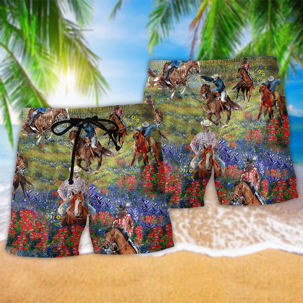 Cowboy Flowers Love Their Life Hawaiian Print Beach Shorts For Weekend Getaways And Comfort
