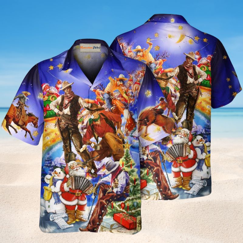 Cowboy Christmas Hawaiian Shirt For Holiday Parties, Tropical Vacations, And Festive Gift Giving