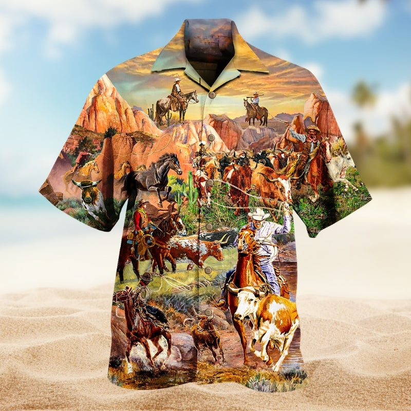 Cowboy Classic Western Hawaiian Shirt For Tropical Retreat, Island Adventure, And Casual Wear