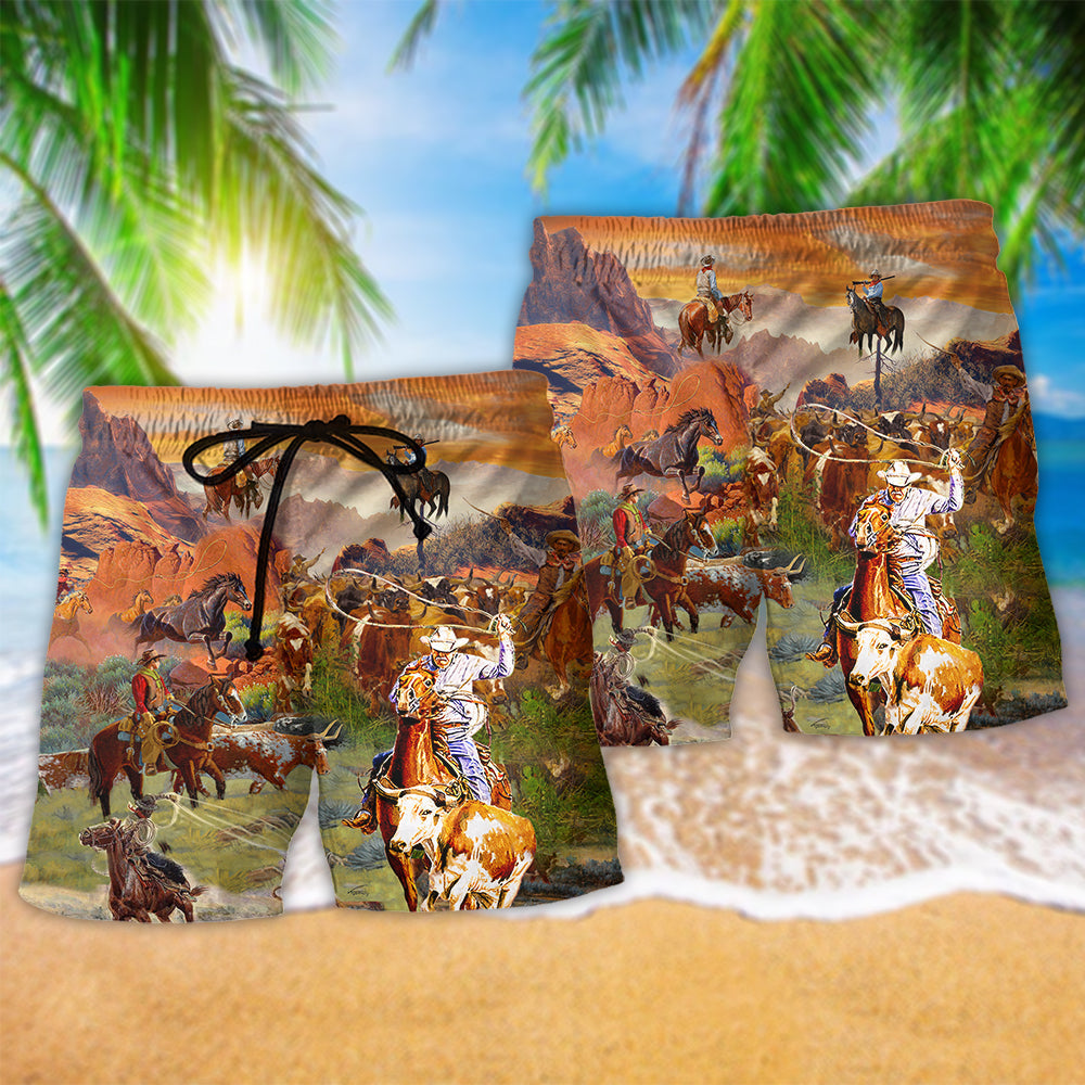 Cowboy Beach Shorts Pattern Detail For Casual Outings And Easy Warm Weather Wear