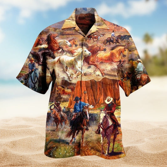 Cowboy Western Spirit Hawaiian Shirt For Beach Travel, Coastal Adventure, And Warm Weather Fashion