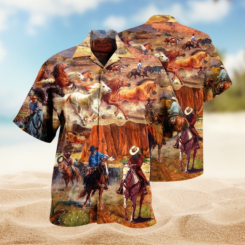 Cowboy Western Spirit Hawaiian Shirt For Coastal Festival, Vacation Cruise, And Summer Party Style