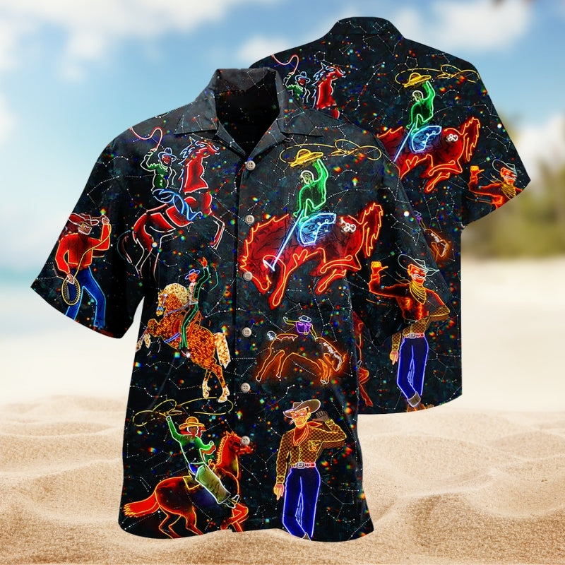 Cowboy Neon Western Glow Hawaiian Shirt For Poolside Gathering, Cruise Journey, And Relaxed Resort Style