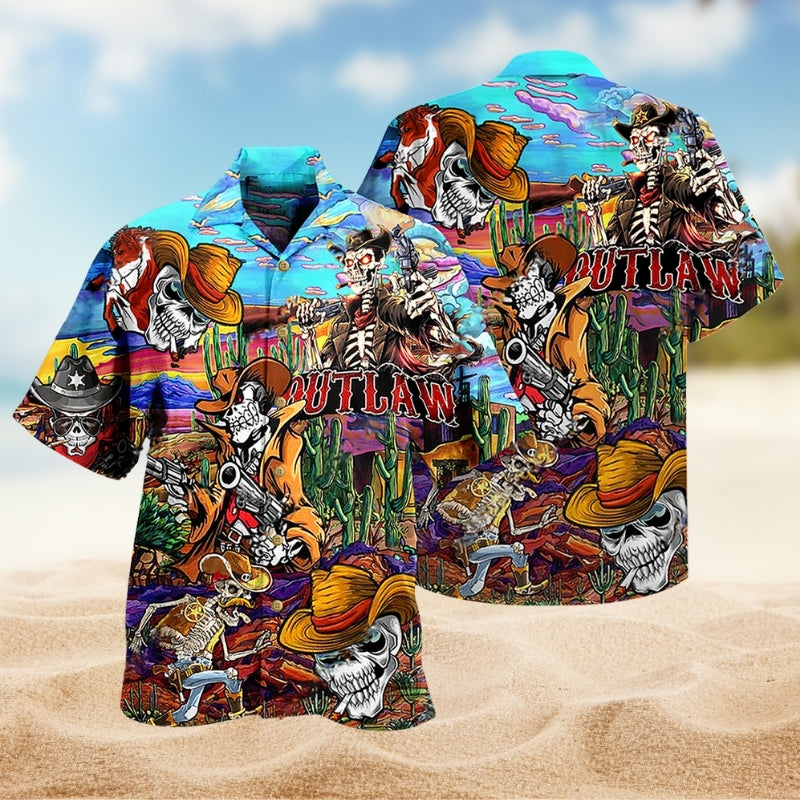 Cowboy Pirate Skull Hawaiian Shirt For Resort Escape, Tropical Holiday, And Comfortable Travel Wear