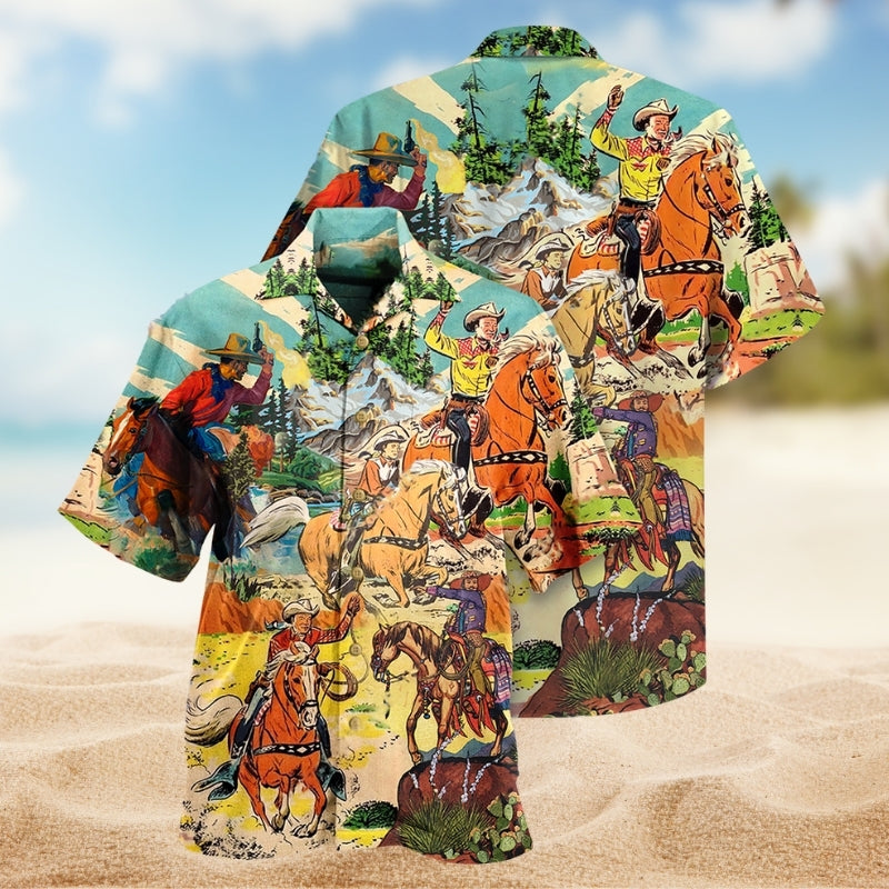 Cowboy Men Ride Horses Hawaiian Shirt For Resort Trips, Coastal Parties, And Warm Weather Style