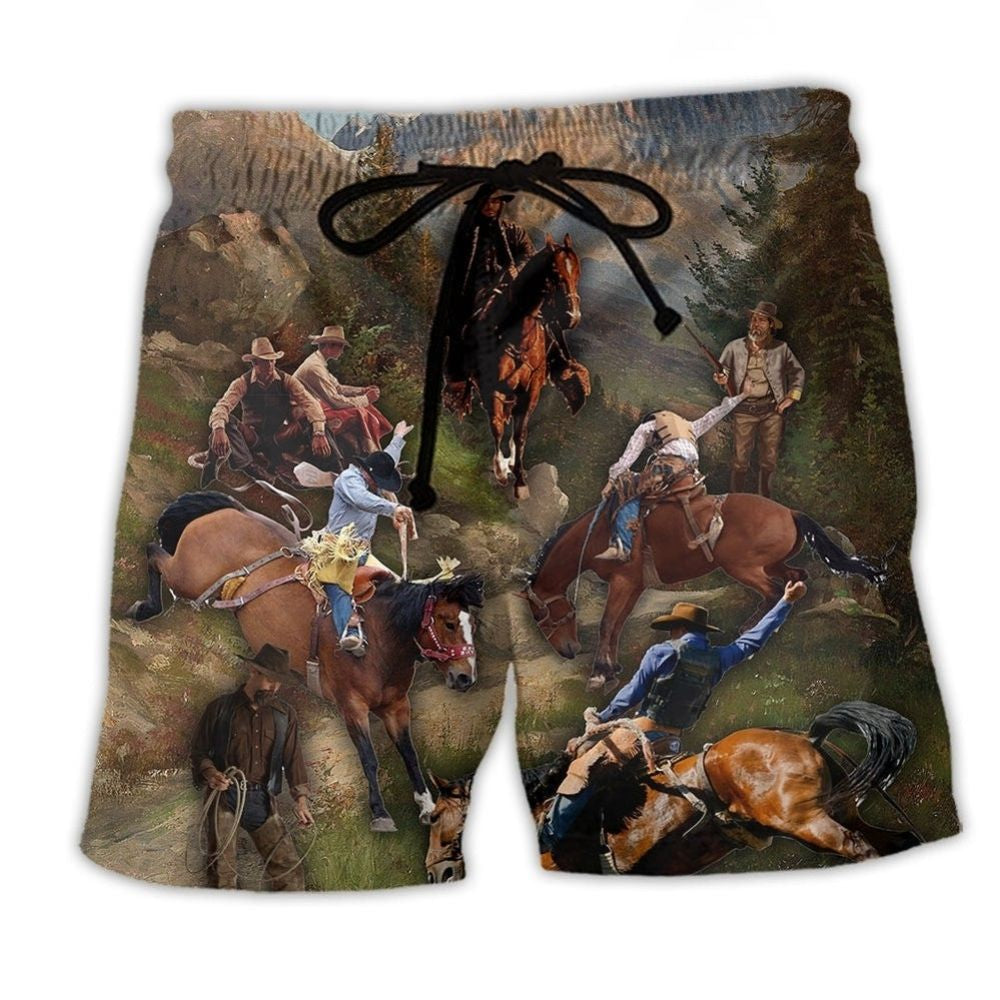 Cowboy Forest Classic Western Beach Shorts Artwork View For Seaside Trips And Casual Style