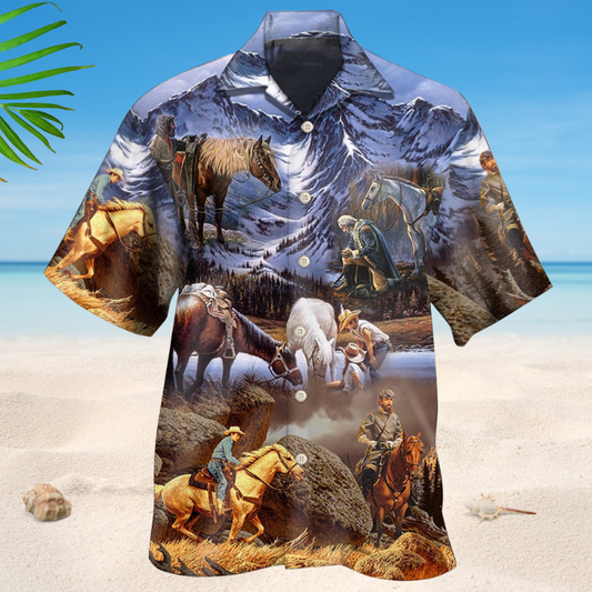 Cowboy Mountain Sunset Hawaiian Shirt For Summer Vacation, Beach Travel, And Casual Wear