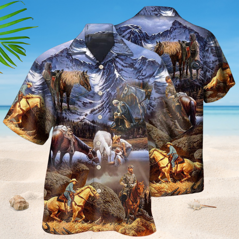 Cowboy Mountain Sunset Hawaiian Shirt For Summer Vacation, Beach Travel, And Casual Wear