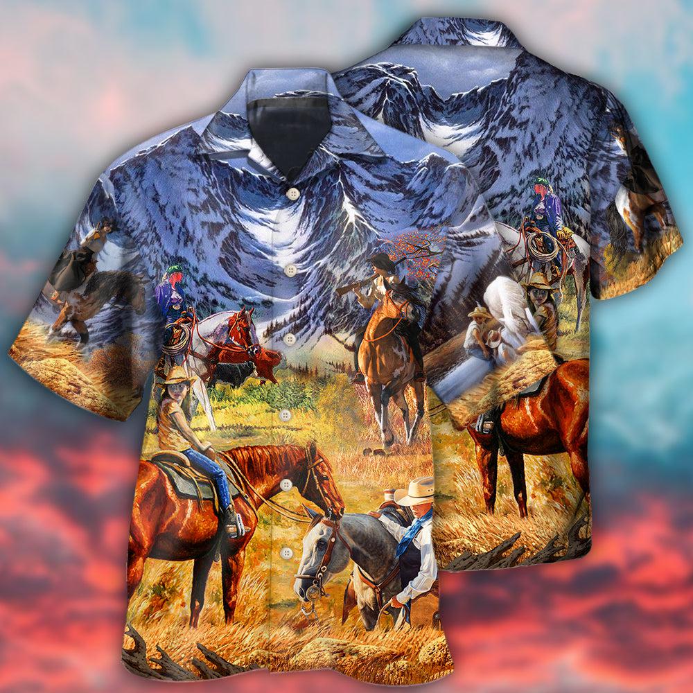 Cowgirl Mountain Sunset Hawaiian Shirt Pattern View For Relaxed Warm Weather Outfits
