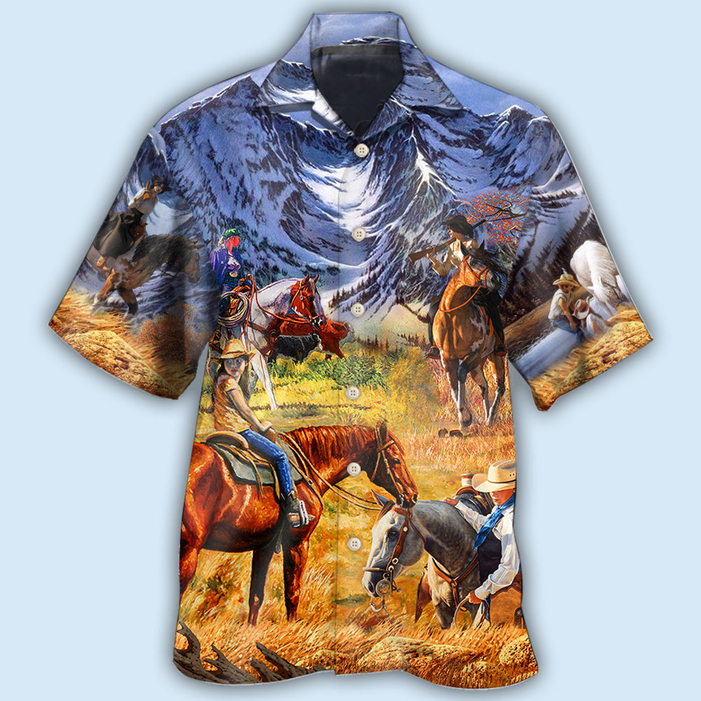 Cowgirl Mountain Sunset Hawaiian Shirt Artwork Detail For Resort Trips And Outdoor Activities