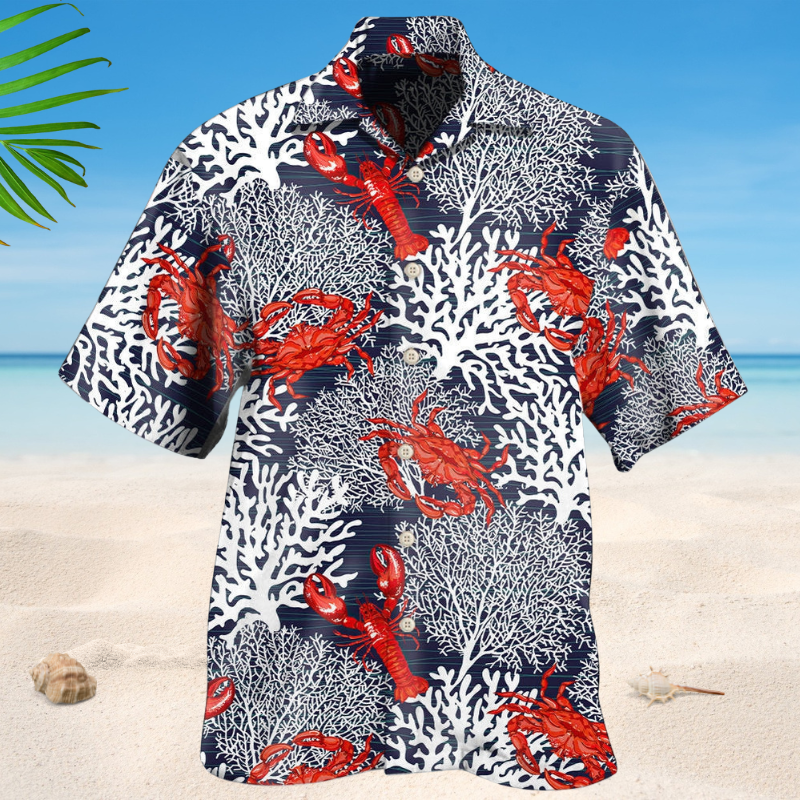 Crab Coral Ocean Hawaiian Shirt For Coastal Travel, Casual Events, And Comfortable Summer Wear
