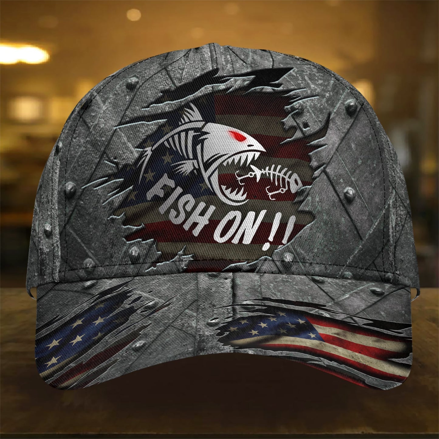 Cracked Fish On American Fishing Classic Cap For Relaxed Daily Style Vacations And Festival Wear