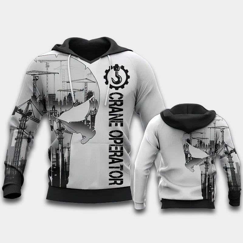 White Crane Operator Hoodie For Weekend Adventures Casual Style And Relaxed Comfort