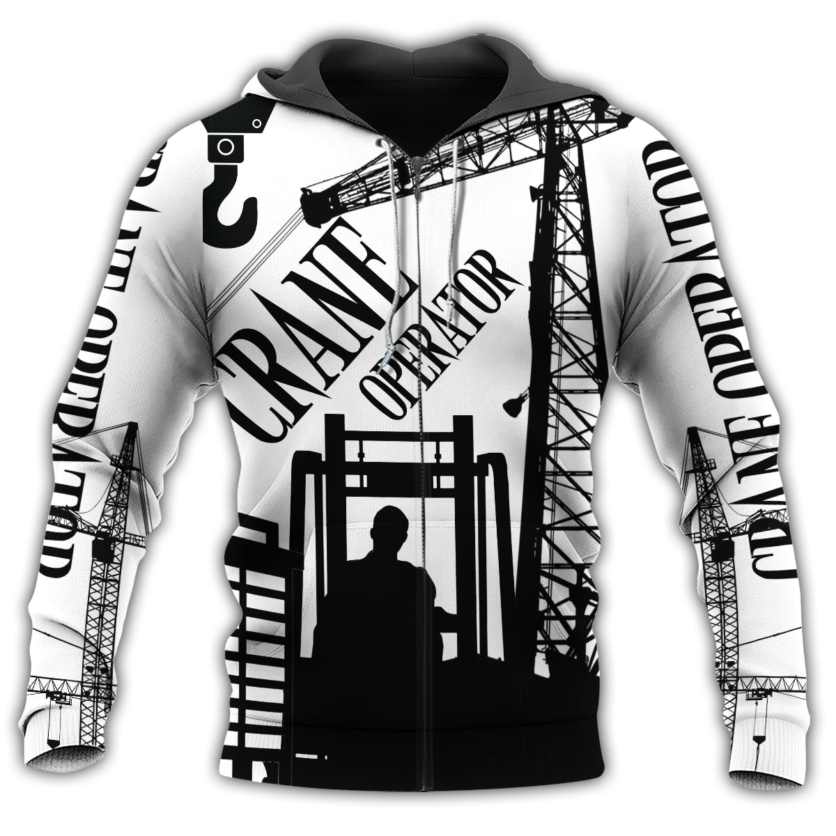 Black White Crane Operator Hoodie For Relaxed Streetwear Weekend Travel And Everyday Style