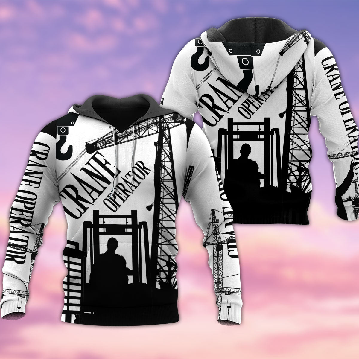 Black White Crane Operator Hoodie For Relaxed Streetwear Weekend Travel And Everyday Style