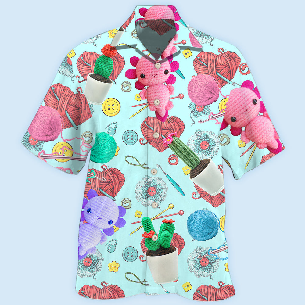 Cute Blue Crochet Hawaiian Shirt With Detailed Graphic For Coastal Trips Outdoor Events And Relaxed Summer Wear
