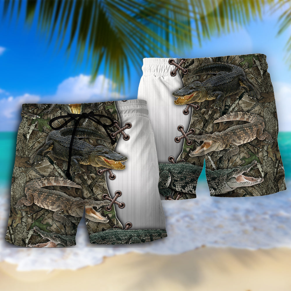 Crocodile Hunting Wildlife Beach Shorts Pattern Detail For Relaxed Warm Weather Outfits