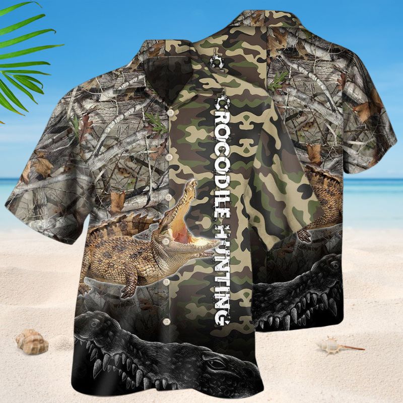 Crocodile Hunting Camo Hawaiian Shirt For Island Vacations, Resort Wear, And Relaxed Seasonal Style