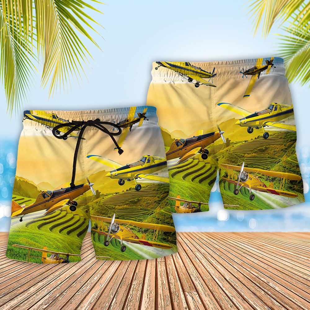 Aircraft Crop Duster Aircraft Beach Shorts Pattern Detail For Island Trips And Laid Back Styling