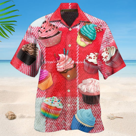 Cupcake Red Fabric Baking Hawaiian Shirt For Coastal Travel, Casual Events, And Comfortable Summer Wear