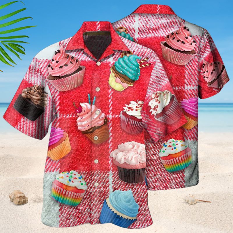 Cupcake Red Fabric Baking Hawaiian Shirt For Coastal Travel, Casual Events, And Comfortable Summer Wear