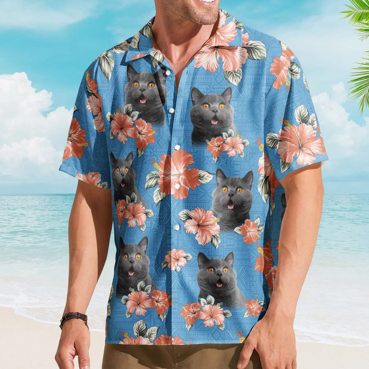 Funny Tropical Cat Custom Face Photo Hibiscus Hawaiian Shirt For Animal Lovers And Coastal Getaways