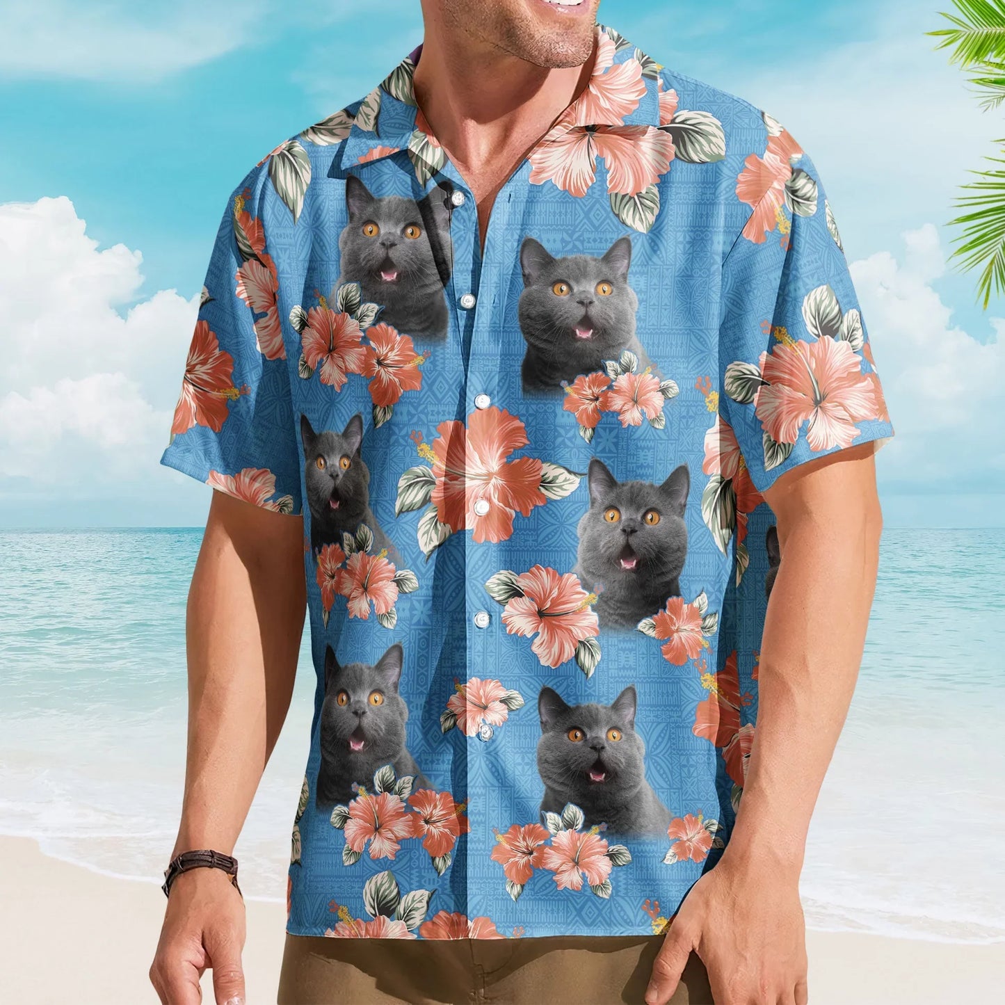 Funny Tropical Cat Custom Face Photo Hibiscus Hawaiian Shirt For Animal Lovers And Coastal Getaways