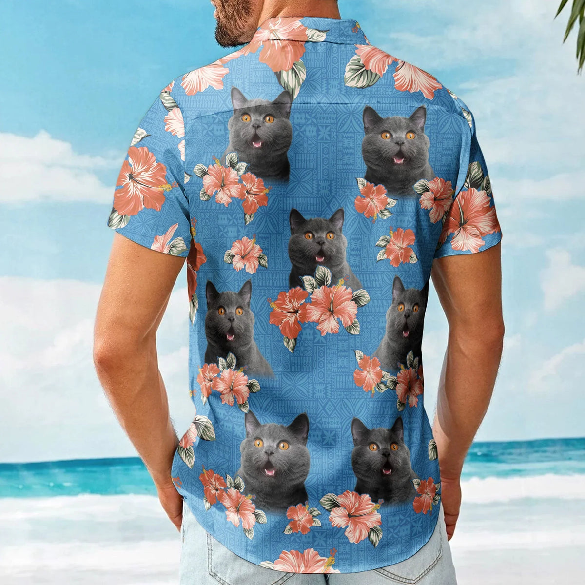 Funny Tropical Cat Custom Face Photo Hibiscus Hawaiian Shirt For Animal Lovers And Coastal Getaways