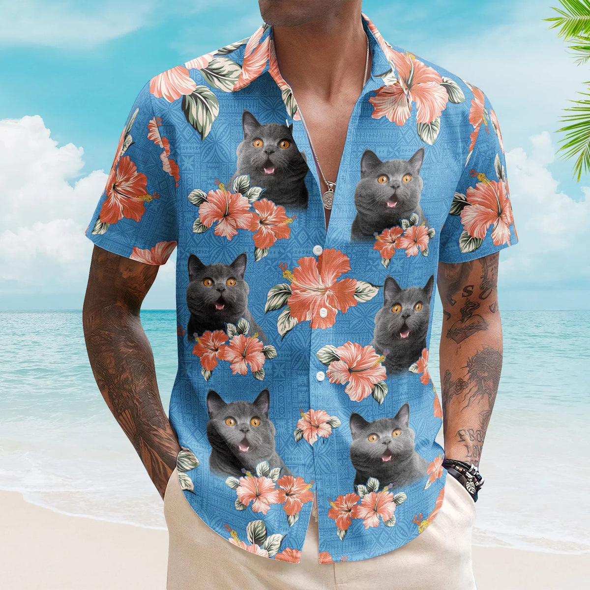 Funny Tropical Cat Custom Face Photo Hibiscus Hawaiian Shirt For Animal Lovers And Coastal Getaways